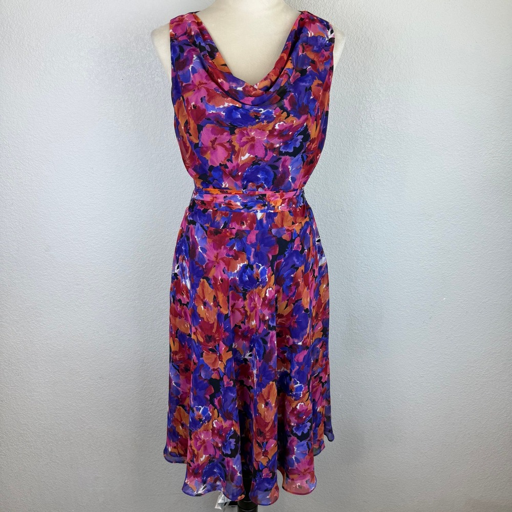 Lauren Ralph Lauren Designer Floral Dress Cowl Neck Waist Tie Pink Purple Ruffle